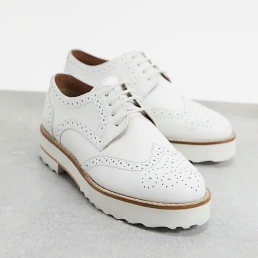 ASOS Womens 8 White Leather Wingtip Brogue Platform Oxford Lug Sole